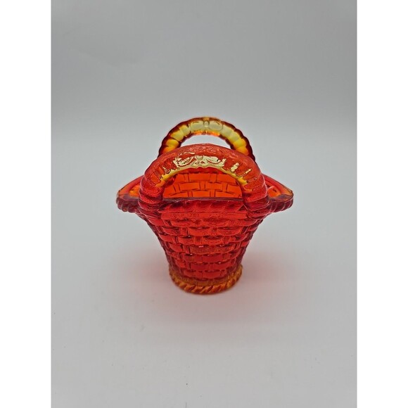 LE Smith Amberina Glass 3.75” Basket Figurine 2-Handled Weave Pattern Glows - Picture 1 of 12